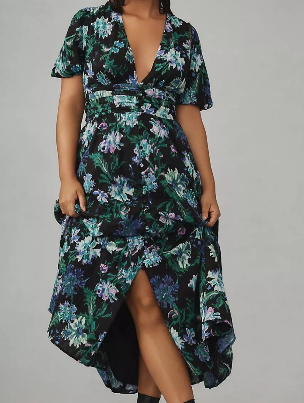 Floral Black, Green & Purple Midi Dress